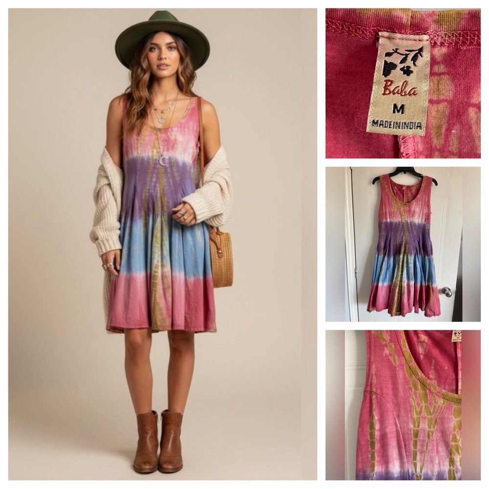 Baba Medium 100% Cotton Tie Dye Knee Length Dress Boho Granola Girl